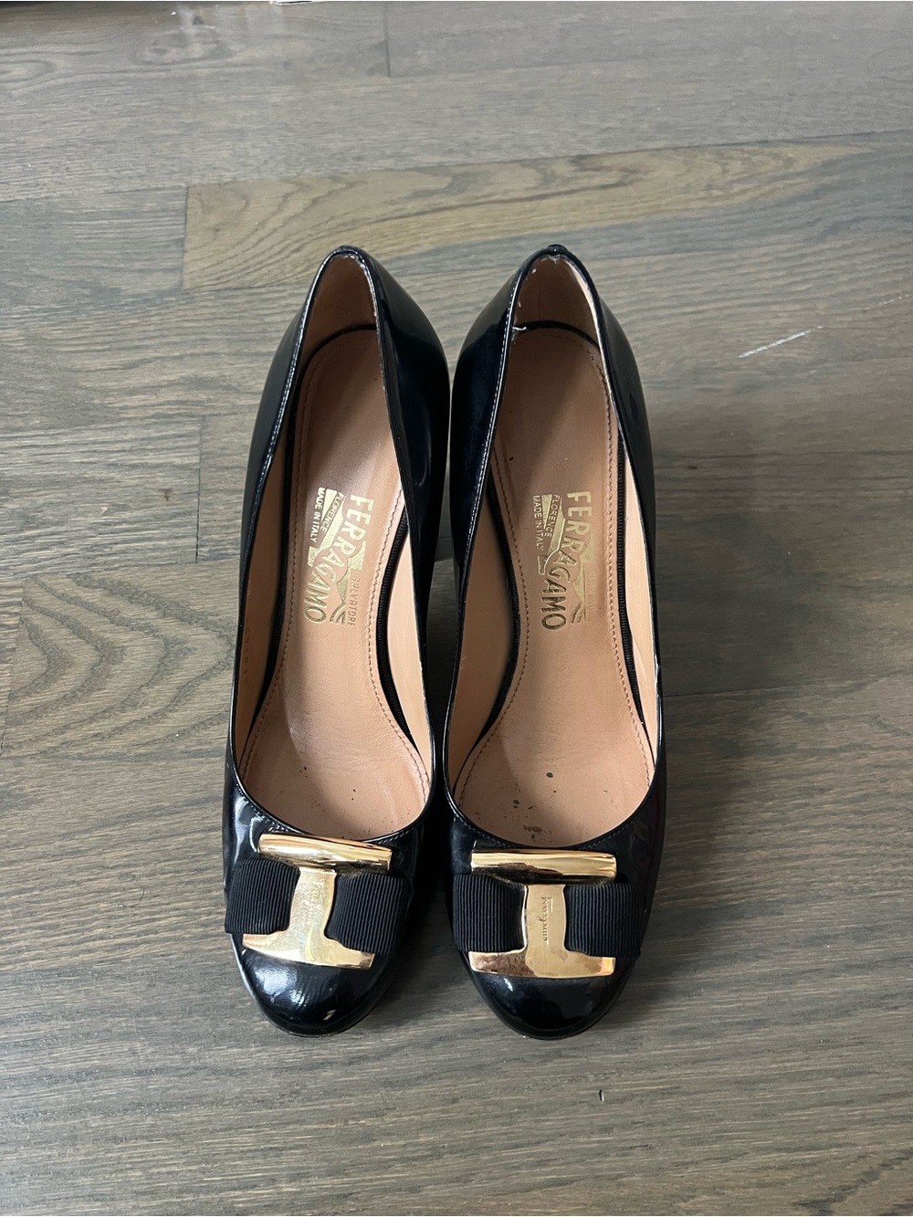 Sergio Rossi Black Patent Pumps with Gold Accent